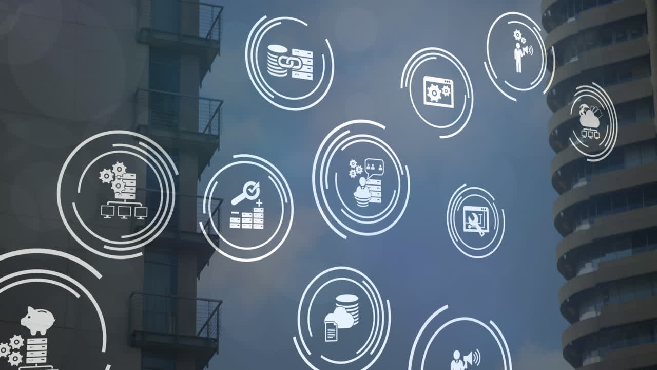 animación de iconos digitales sobre edificios modernos en el fondo