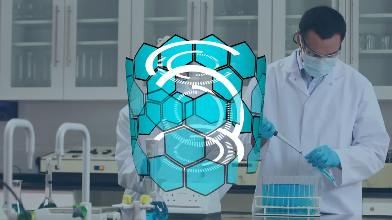 animación de hexágonos azules sobre los médicos que trabajan en el laboratorio
