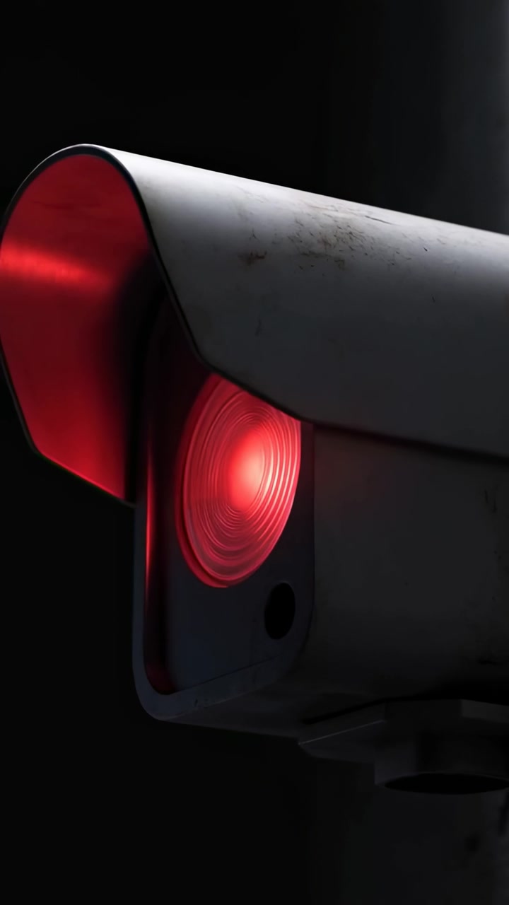 Video verticale: Involucro di telecamera di sicurezza lampeggiante che si accende, illuminando la lente rossa su un palo con graffi.
