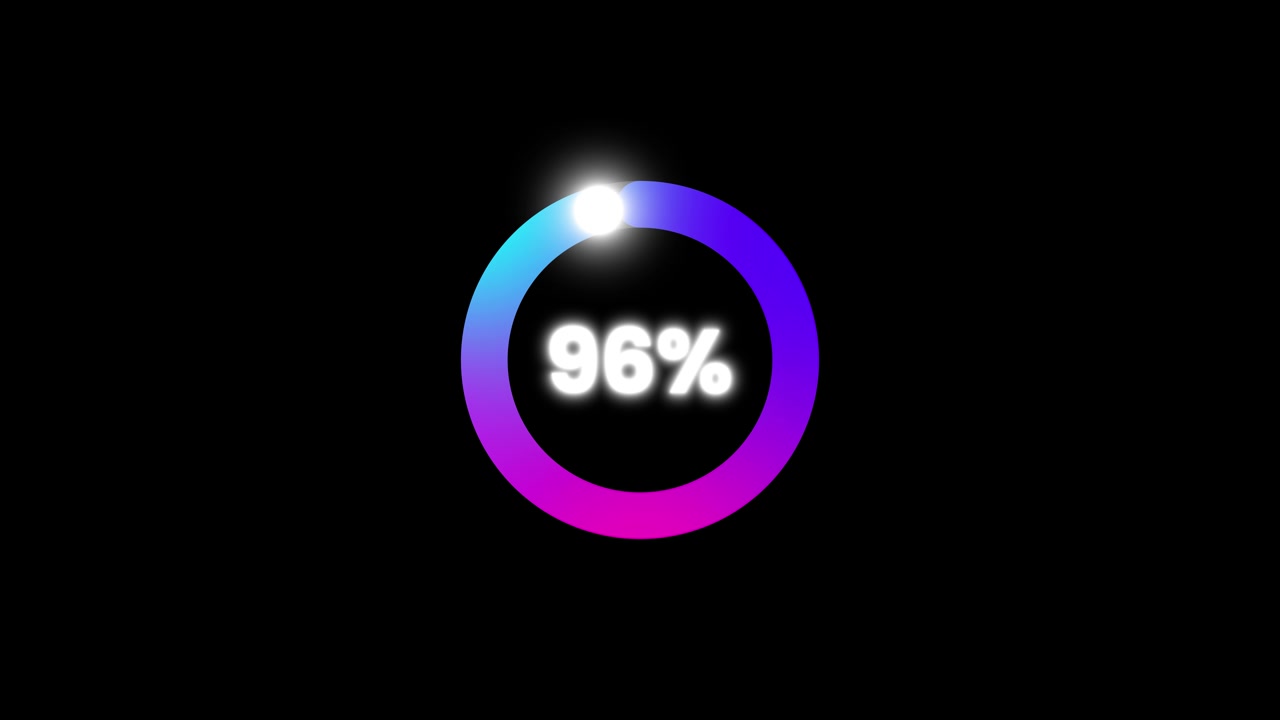 Progress loading bar circle 0 to 100 text animation isolated on black background