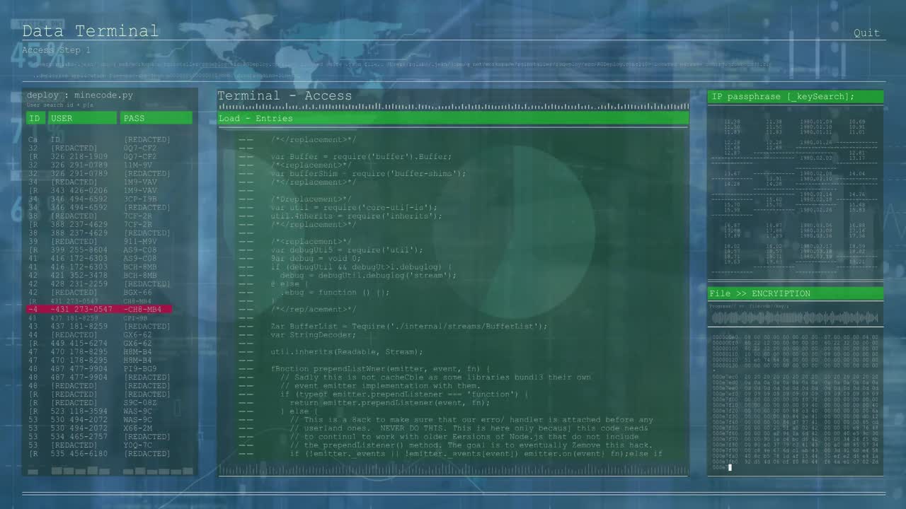 Animation of interface with data processing against empty computer server room