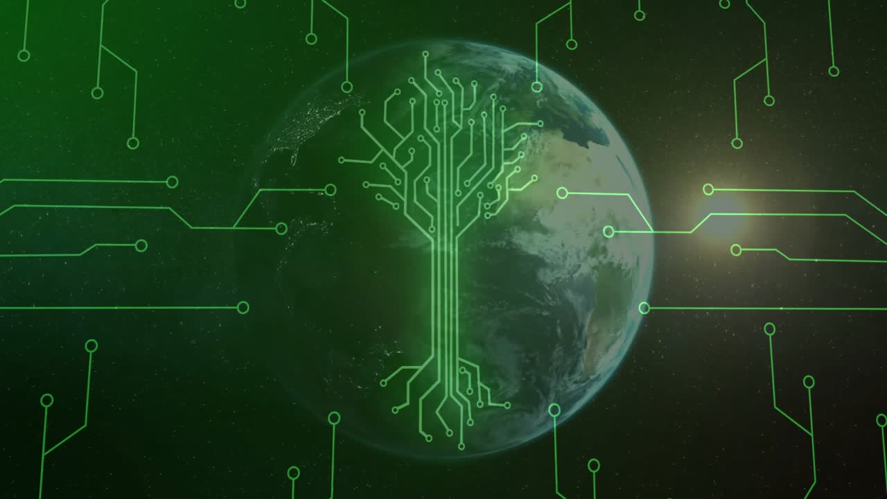 Rotating Earth driving green circuit lines merging, forming circuit-tree network retracting, fading