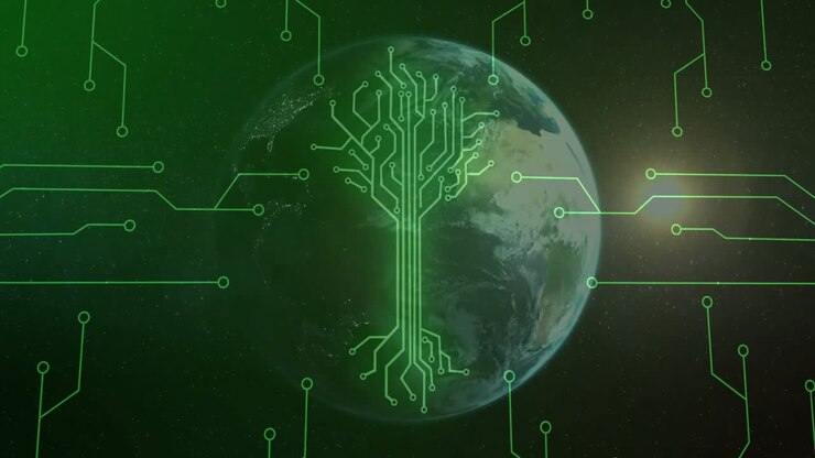 Rotating Earth driving green circuit lines merging, forming circuit-tree network retracting, fading
