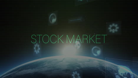 animation of interference over stock market text with data processing and globe on black background