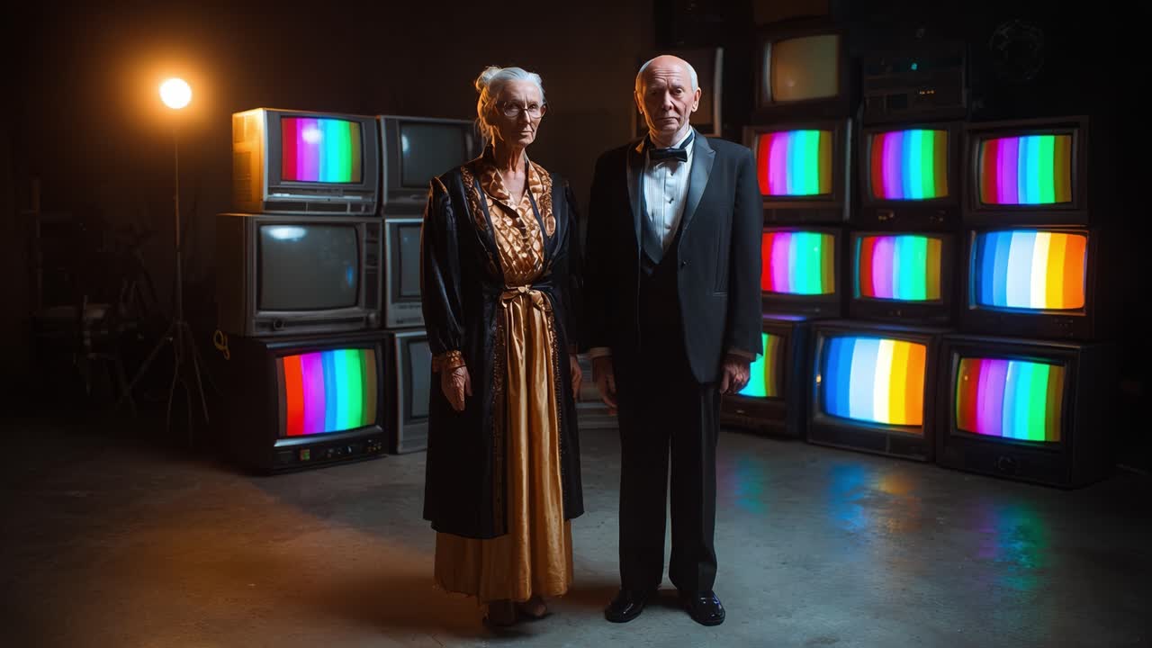 Elderly Couple in Formal Attire Standing Against Vintage Television Screens, Capturing a Moment of Reflection and Connection in a Retro-Modern Environment