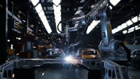 advanced robotic arm performing precision welding in an industrial environment, highlighting spark generation and high-tech automation processes