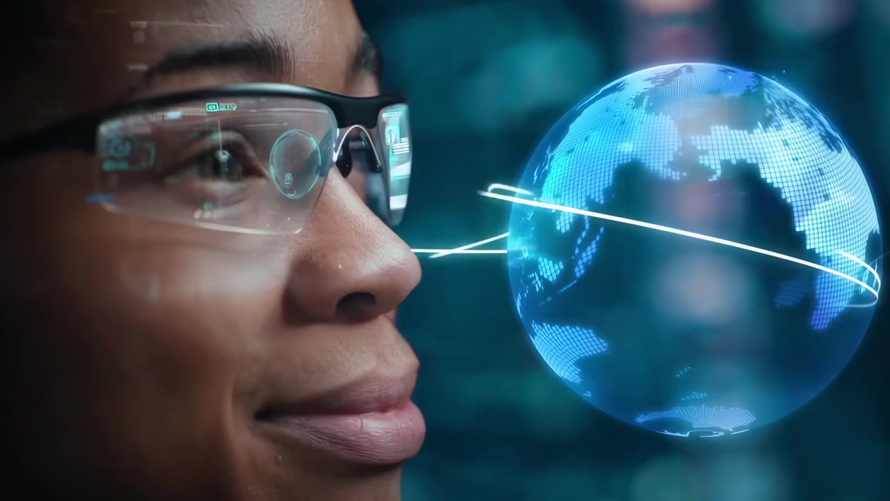 Giovane donna che usa occhiali smart avanzati per la realtà aumentata