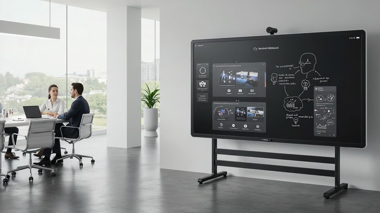 Interactive Business Meeting in Modern Office Setting Featuring Advanced Digital Display for Collaborative Presentations and Real-Time Data Visualization