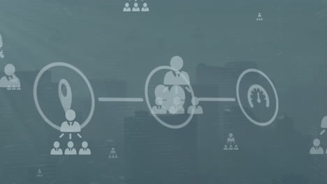 animation of digital icons and network of profile icons against aerial view of cityscape