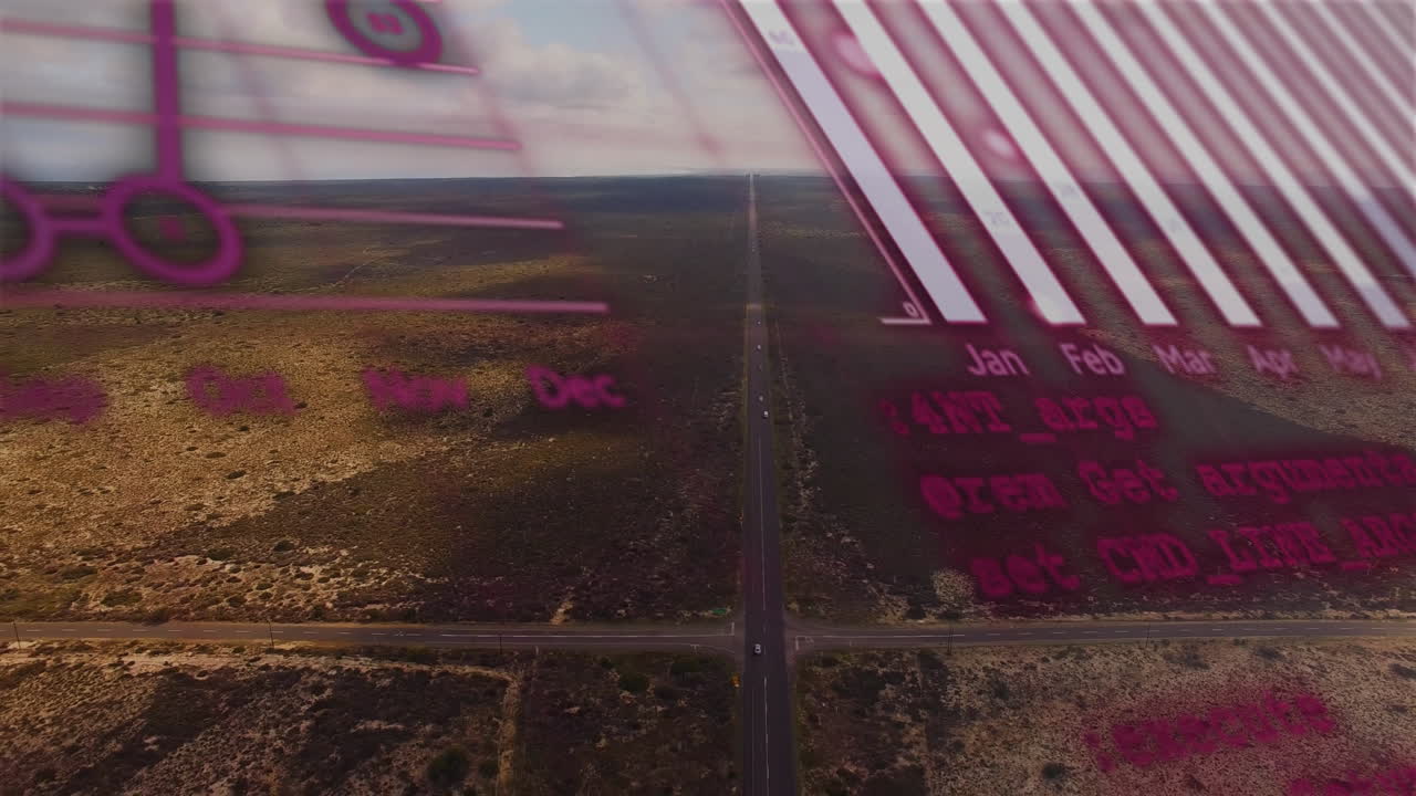Data visualization animation over aerial view of vast desert landscape