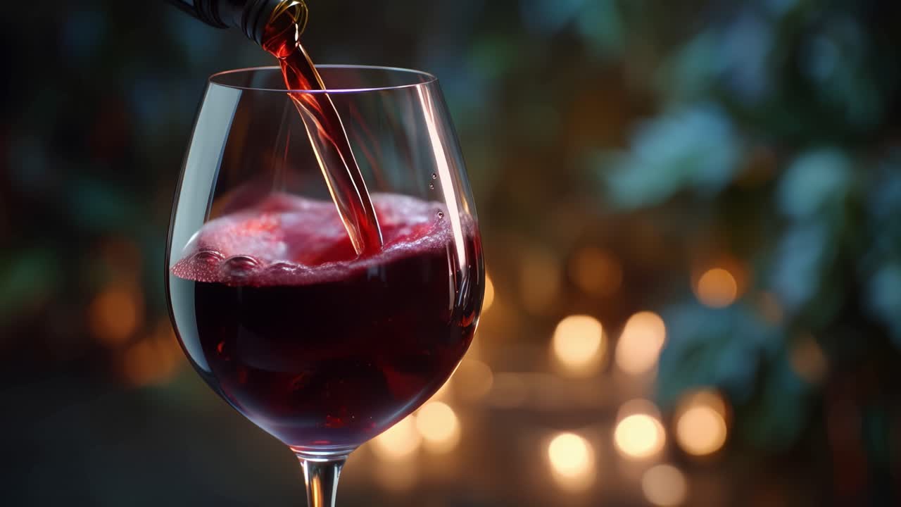 Red wine pours into a glass with gentle motion. Liquid swirls, reflecting warm ambient light. Blurred background hints at cozy, intimate setting. Sensual moment captures wine's rich hue and flow