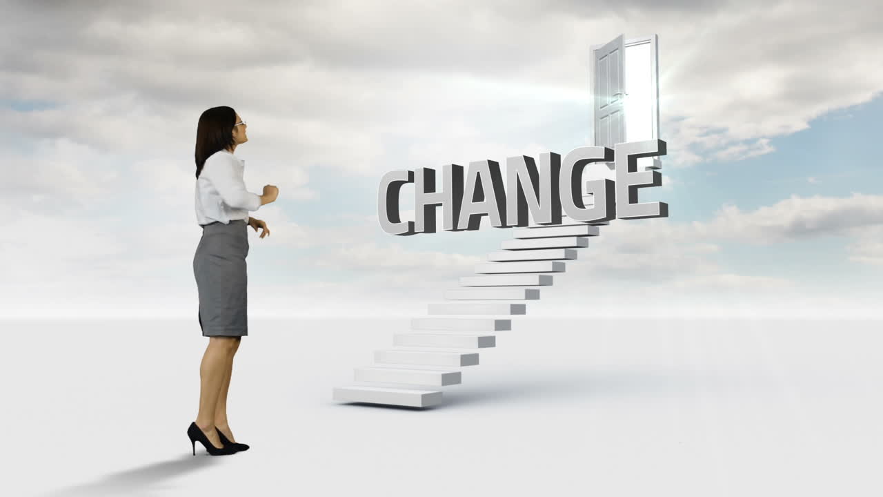 Businesswomam looking at a word put on a stair 