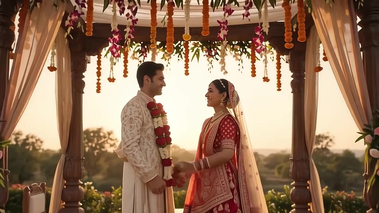 Indian Bride and Groom Exchanging Garlands at Traditional Wedding Ceremony