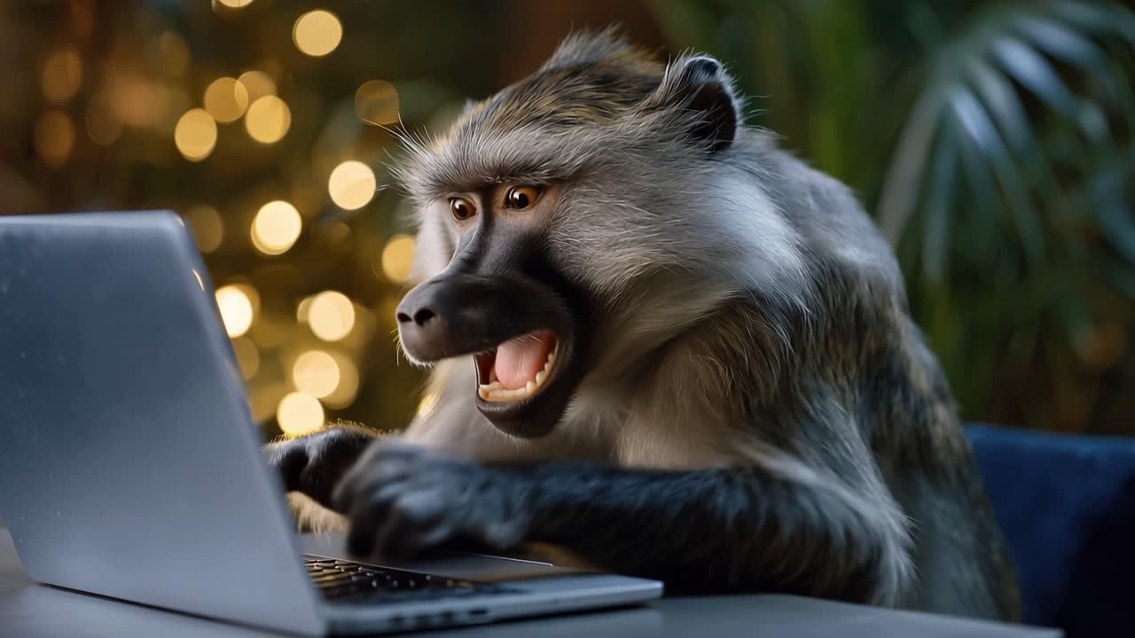 Babuíno senta-se em um laptop, bocejando amplamente. Suas mãos repousam no teclado, com expressão cansada. Luzes bokeh cintilam suavemente atrás dele, brilhando calorosamente. A cena sugere trabalho noturno ou estresse de feriado.