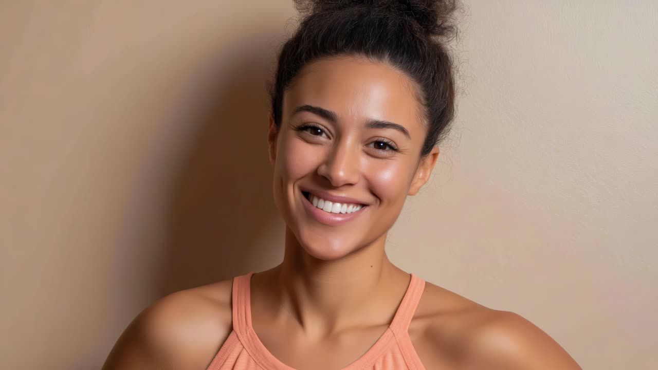 Smiling Woman In Peach Tank Top