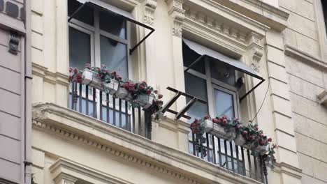 building facade with flowers and awnings