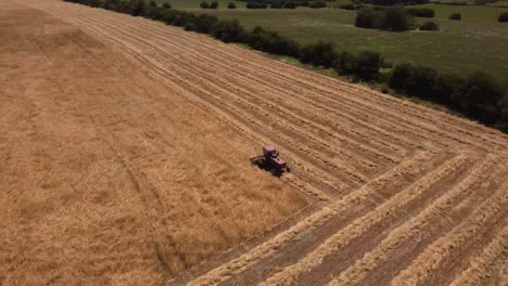 aerial orbiting around red tractor mowing cutting grass on field, uruguay