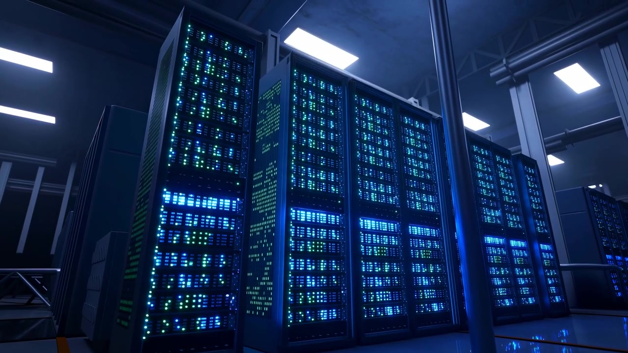 Low angle view inside modern data center aisle with glowing server racks, reflective floor, metallic ceiling details, and blue green status lights across dense equipment rows
