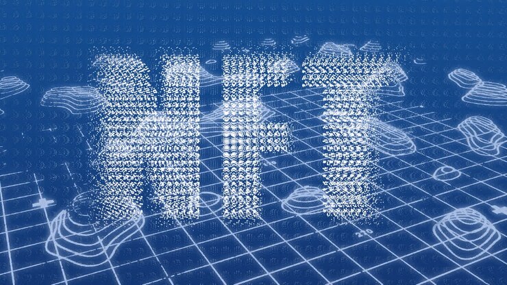 Animation of data processing and nft text over blue background