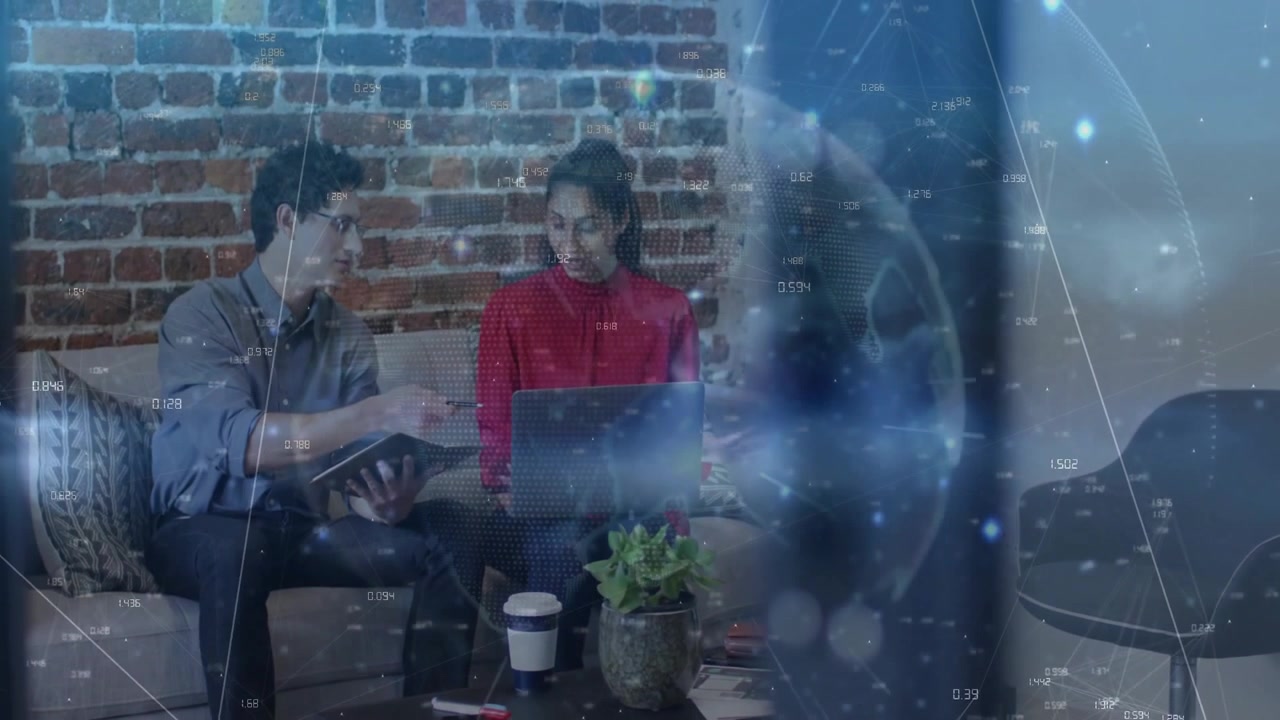 Man pointing note diagrams and woman typing tech project data while digital globe animating