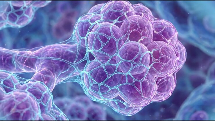 Vista microscopica degli alveoli polmonari umani