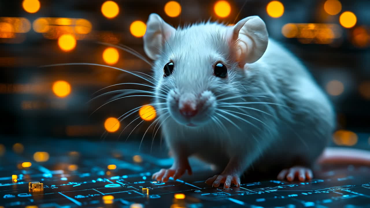Mouse on circuit board with lights. A small white mouse explores a circuit board, illuminated by glowing yellow lights, creating a vibrant atmosphere