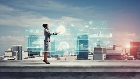 businesswoman interacting with virtual data on a city rooftop