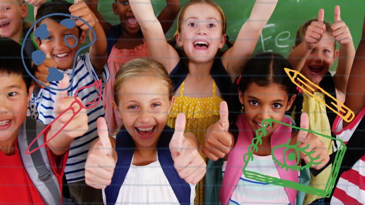 Animation of school icons over school children in classroom