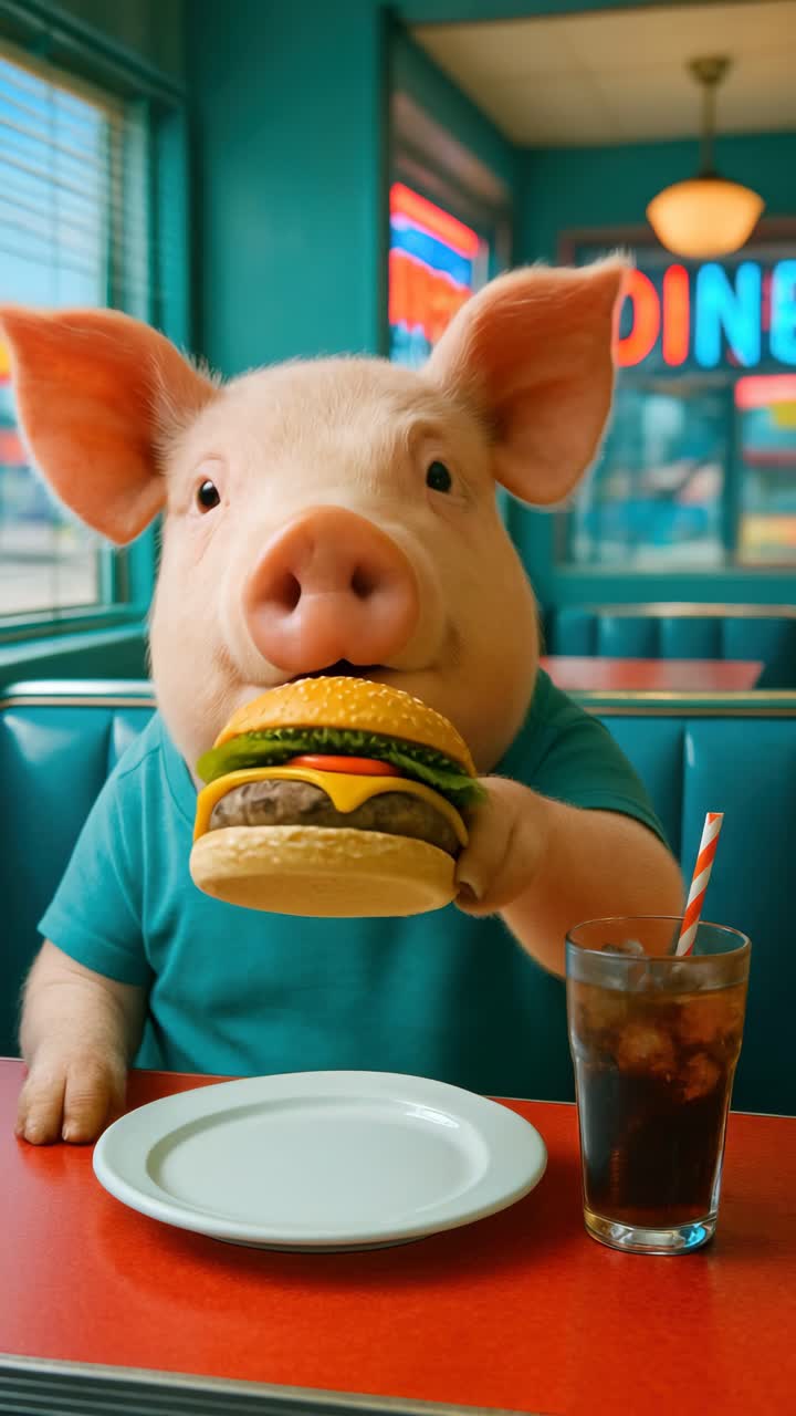 Cute Pig Character Enjoying a Hamburger and Soda at a Retro Diner