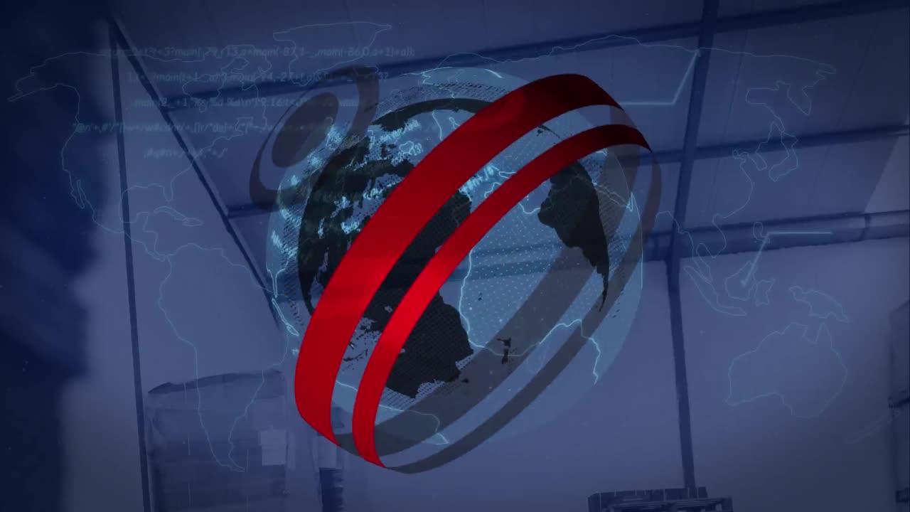 animación del globo y la interfaz digital con procesamiento de datos sobre el almacén