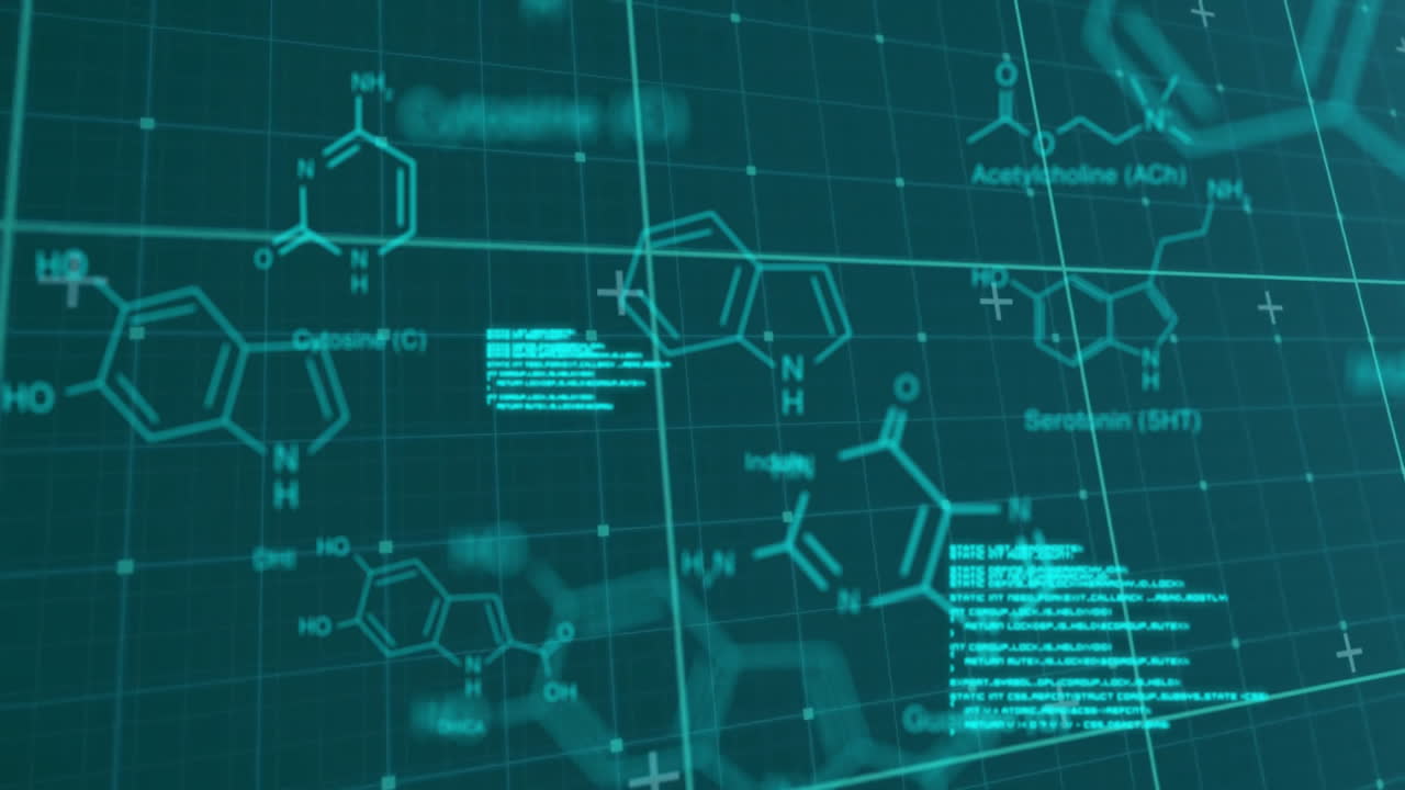 파란색 배경에 화학 공식과 데이터 처리의 애니메이션