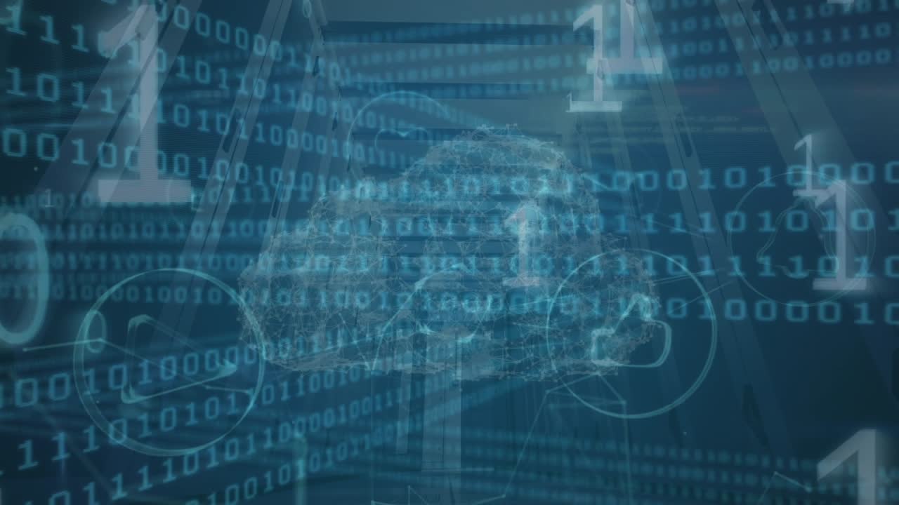 Animation of data, binary code and digital cloud on blue background