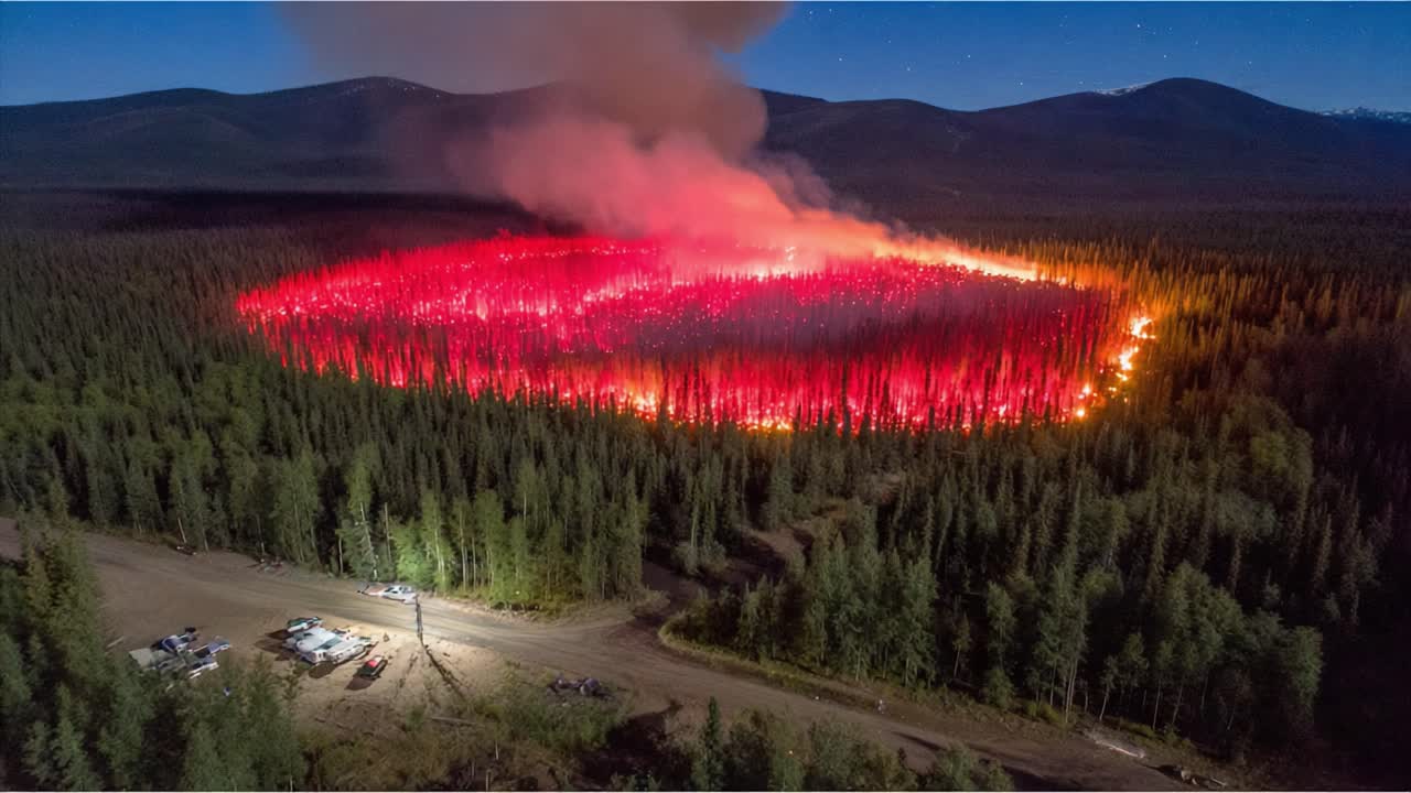 An Aerial Perspective of a Fierce Forest Fire Transforming a Boreal Landscape into a Fiery CIRCLE of Destruction at Night, Illuminating the Sky with Dramatic Shades of Red and Orange