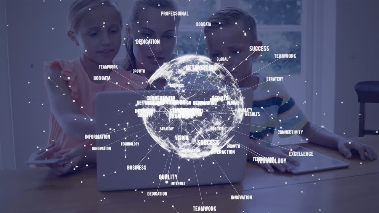 노트북을 사용하는 아이들과 함께 백인 어머니에 대한 비즈니스 텍스트와 지구촌의 애니메이션