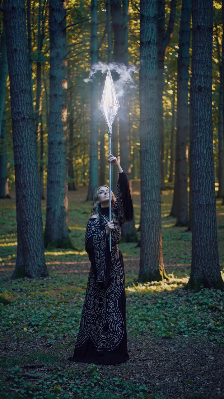A woman in a forest holding a staff, wearing a detailed robe. The low-angle shot adds a mystical