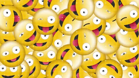 digital animation of multiple silly face emojis falling against grid network on black background