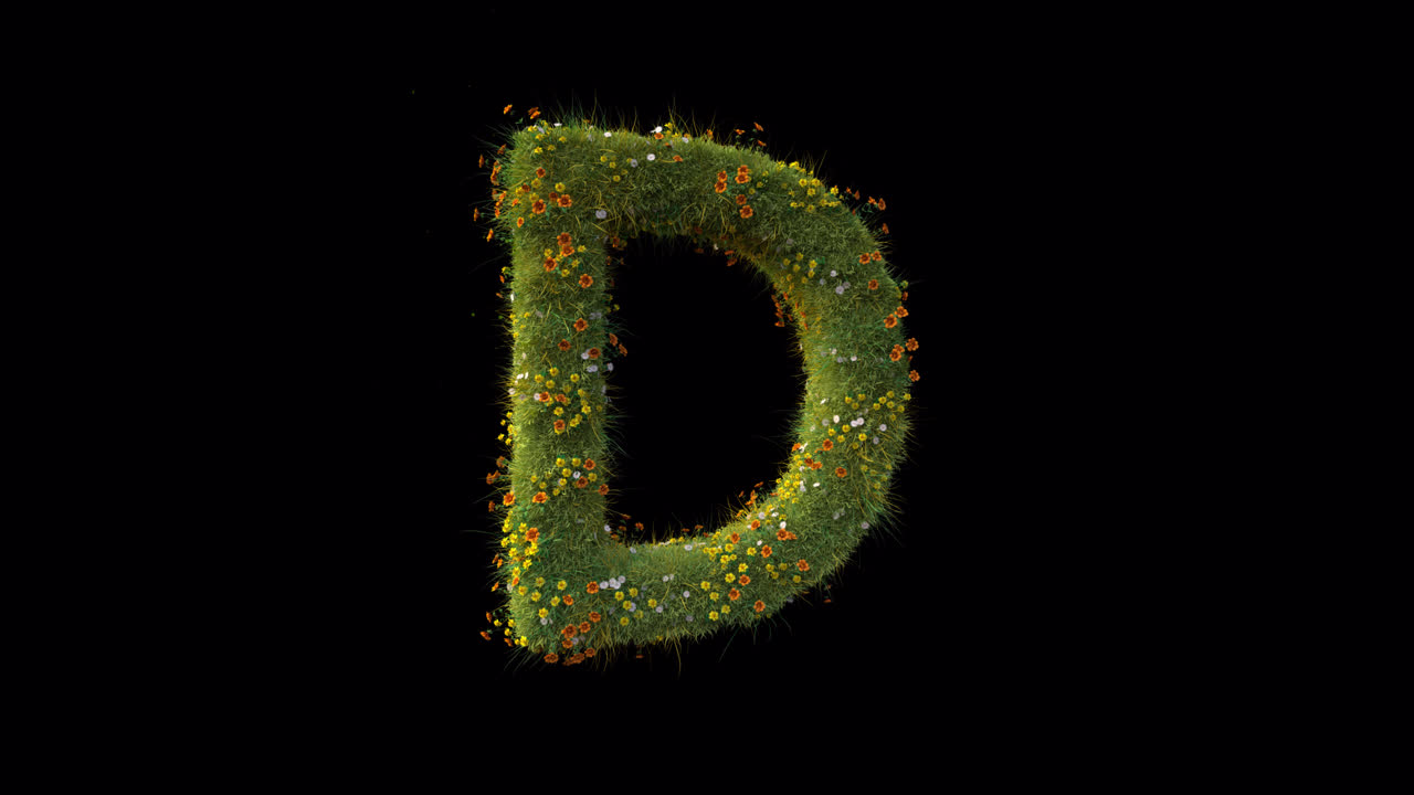 Lettera D animata che cresce con erba e fiori