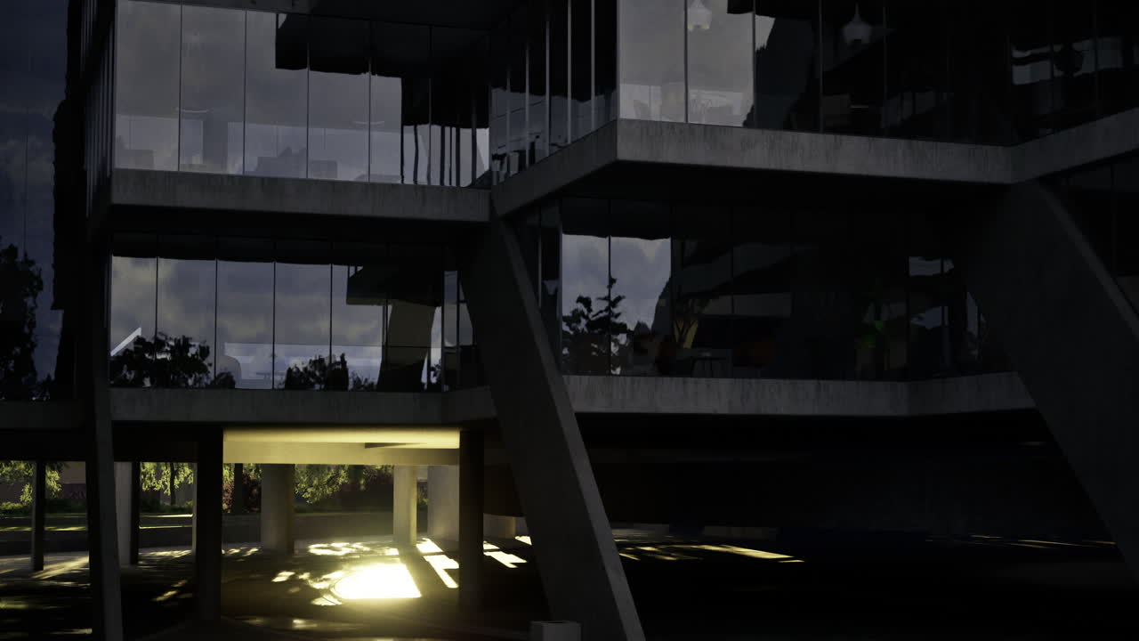 Modern architecture illuminated at night near urban greenery