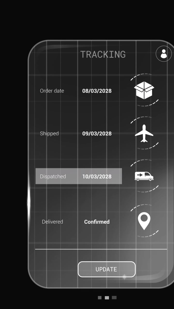 Animazione di interfaccia digitale con icone ed elaborazione dati su sfondo nero