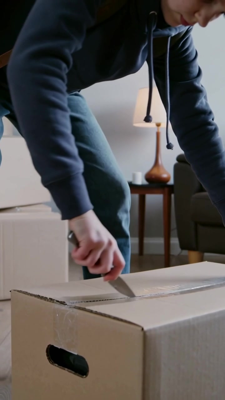 Vertical video: Slicing sealed tape, hooded teen leaning on moving box to open at home, box cutter