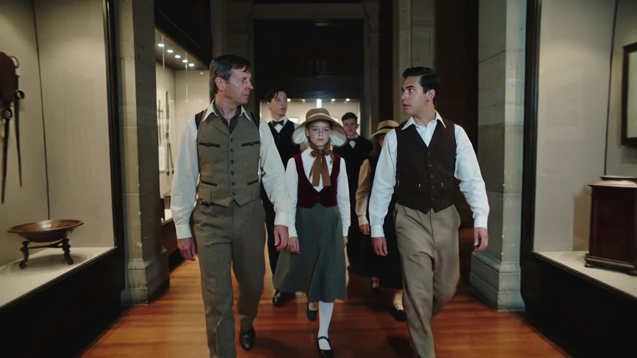 Walking guided kids in brimmed hats and uniform through museum, tour starting, passing glass cases