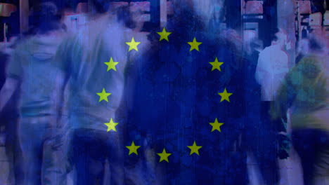 european flag with people walking in the street