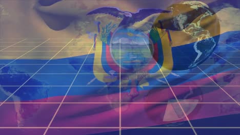 Animation-of-data-processing-over-flag-of-ecuador-and-globe