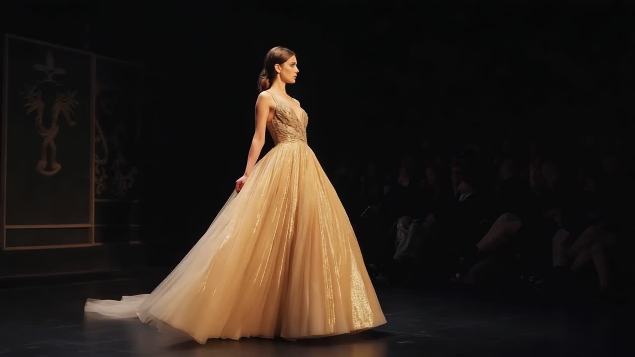 Fashion show catwalk with model in gown
