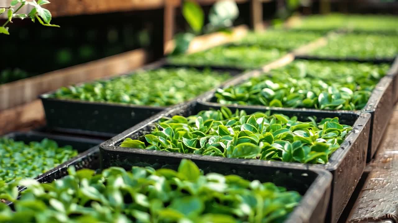 Seedlings growing in trays in a greenhouse