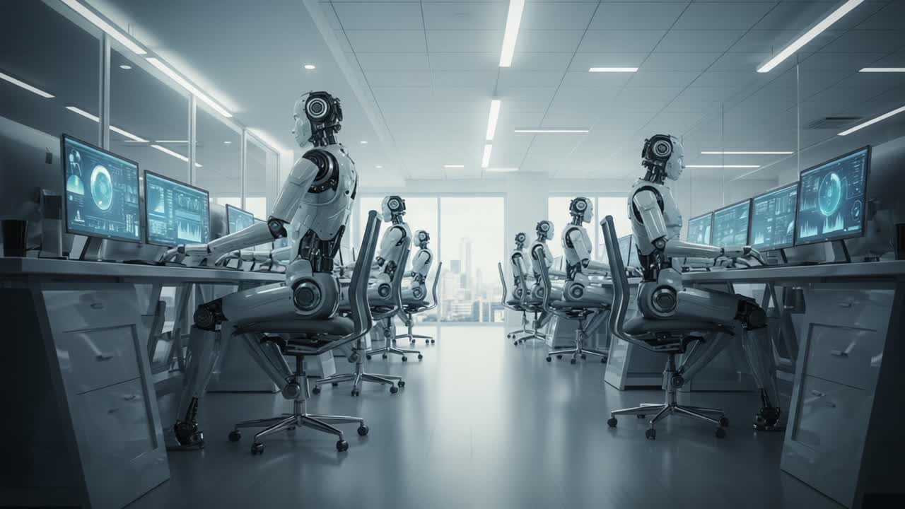A Futuristic Office Environment Featuring Robots Operating at Workstations with Advanced Technology and Modern Design, Highlighting Automation and Innovation in the Workplace