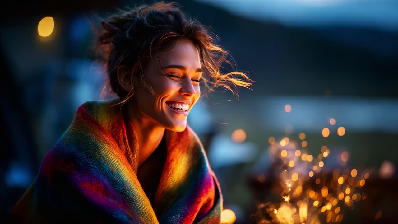Joyful Moments Captured at Dusk: A Woman Wrapped in a Colorful Blanket Enjoys a Sparkling Firework Display, Radiating Happiness and Wonder in a Magical Outdoor Setting