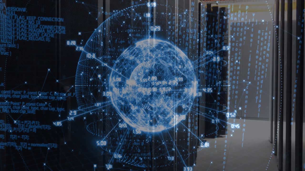 Animation of data processing over spinning globe against computer server room