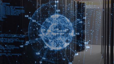animation of data processing over spinning globe against computer server room