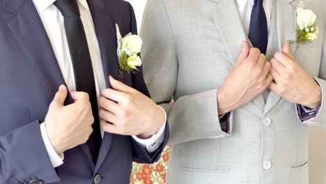 shot of wedding suits, tie, socks, shoes - watches for the groom - groom men